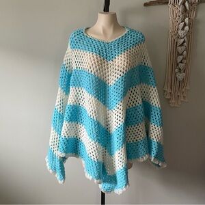 Handmade Crochet Knit Poncho Pom Pom Hem Chevron Print Sky Blue White One Size